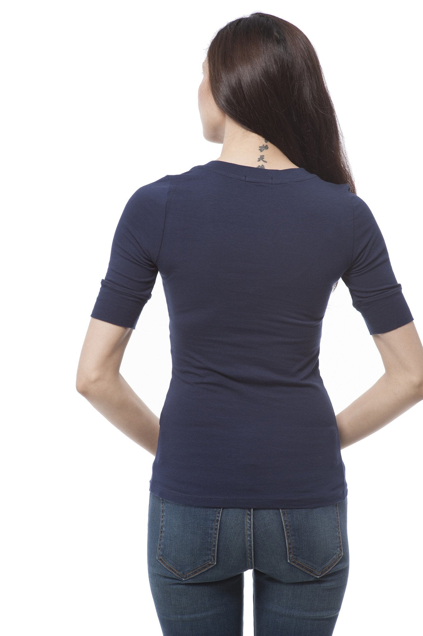 Plus Size Elbow Sleeve V Neck Plain Top