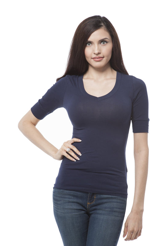 Plus Size Elbow Sleeve V Neck Plain Top