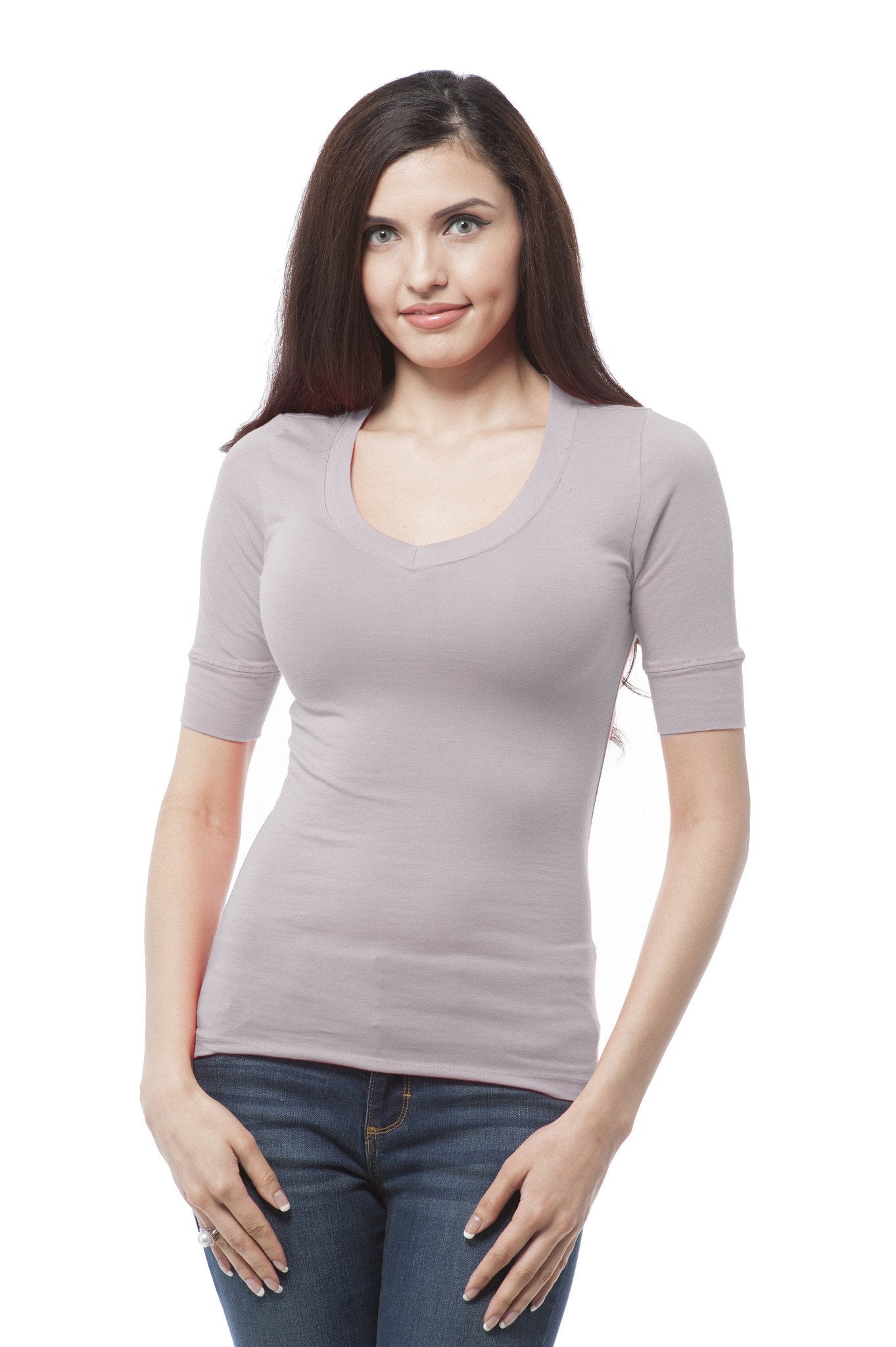 Plus Size Elbow Sleeve V Neck Plain Top