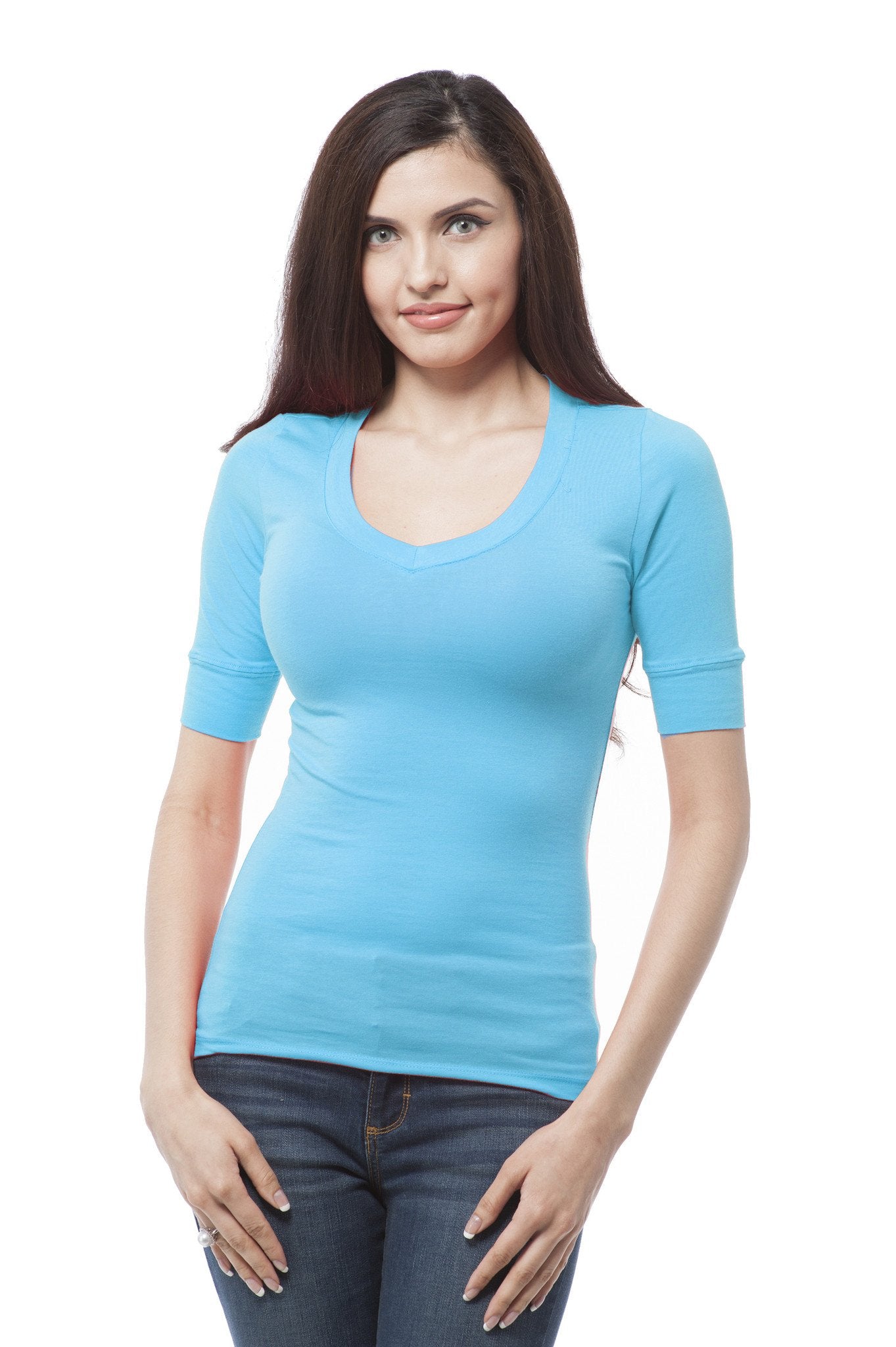 Plus Size Elbow Sleeve V Neck Plain Top