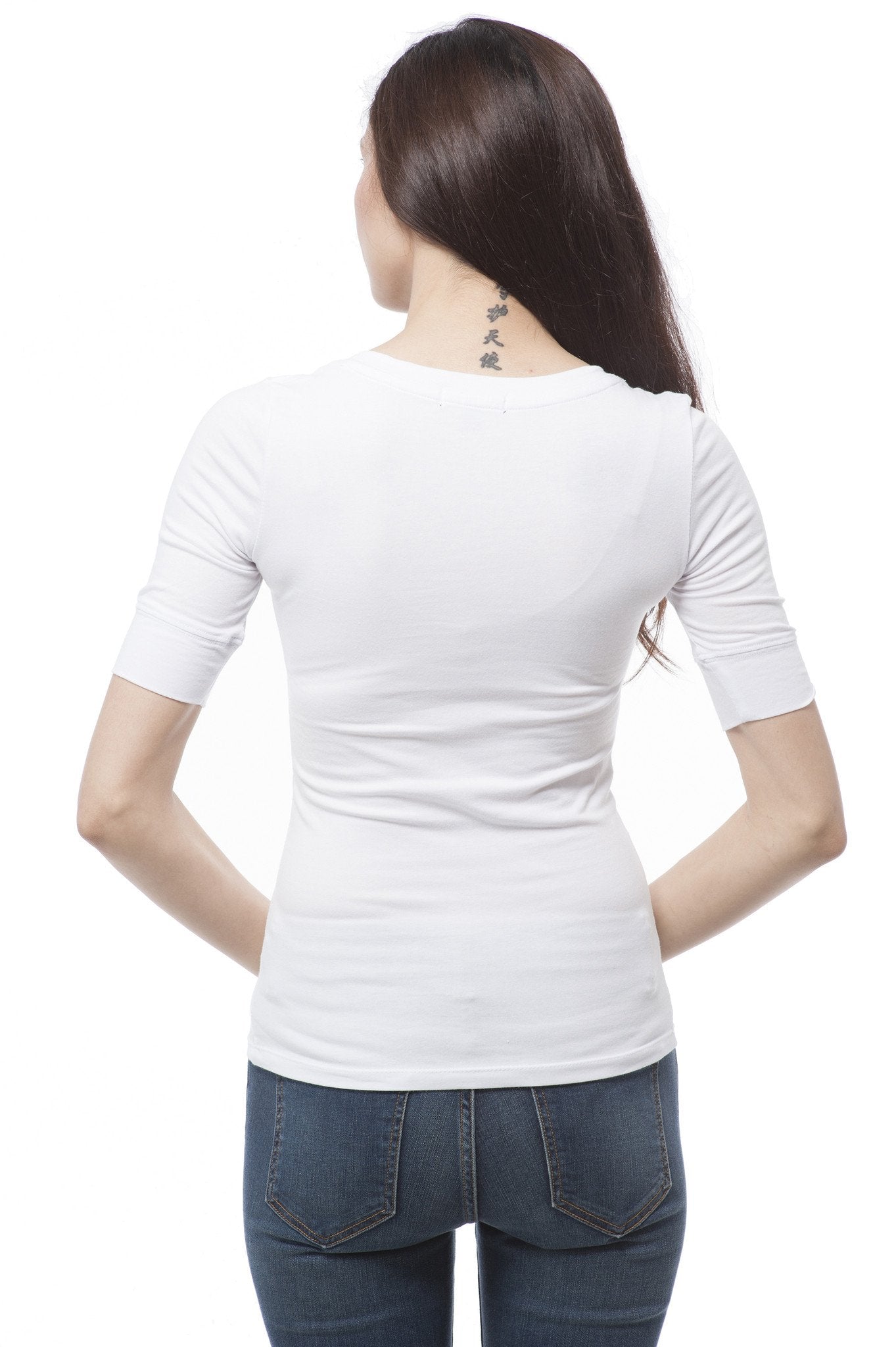 Plus Size Elbow Sleeve V Neck Plain Top