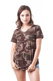 Short Sleeve V-Neck Raw-Cut Pocket Oversized T-Shirt Camo Print Top