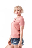 Short Sleeve Baby Terry Raw-Cut V-Neck Choker Oversized Top