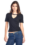 Short Sleeve Ribbed Front V Cutout Crew Neckline Semi Cropped Top