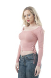 Long Sleeve Rib Scoop Neck Lace Up Side Crop Top
