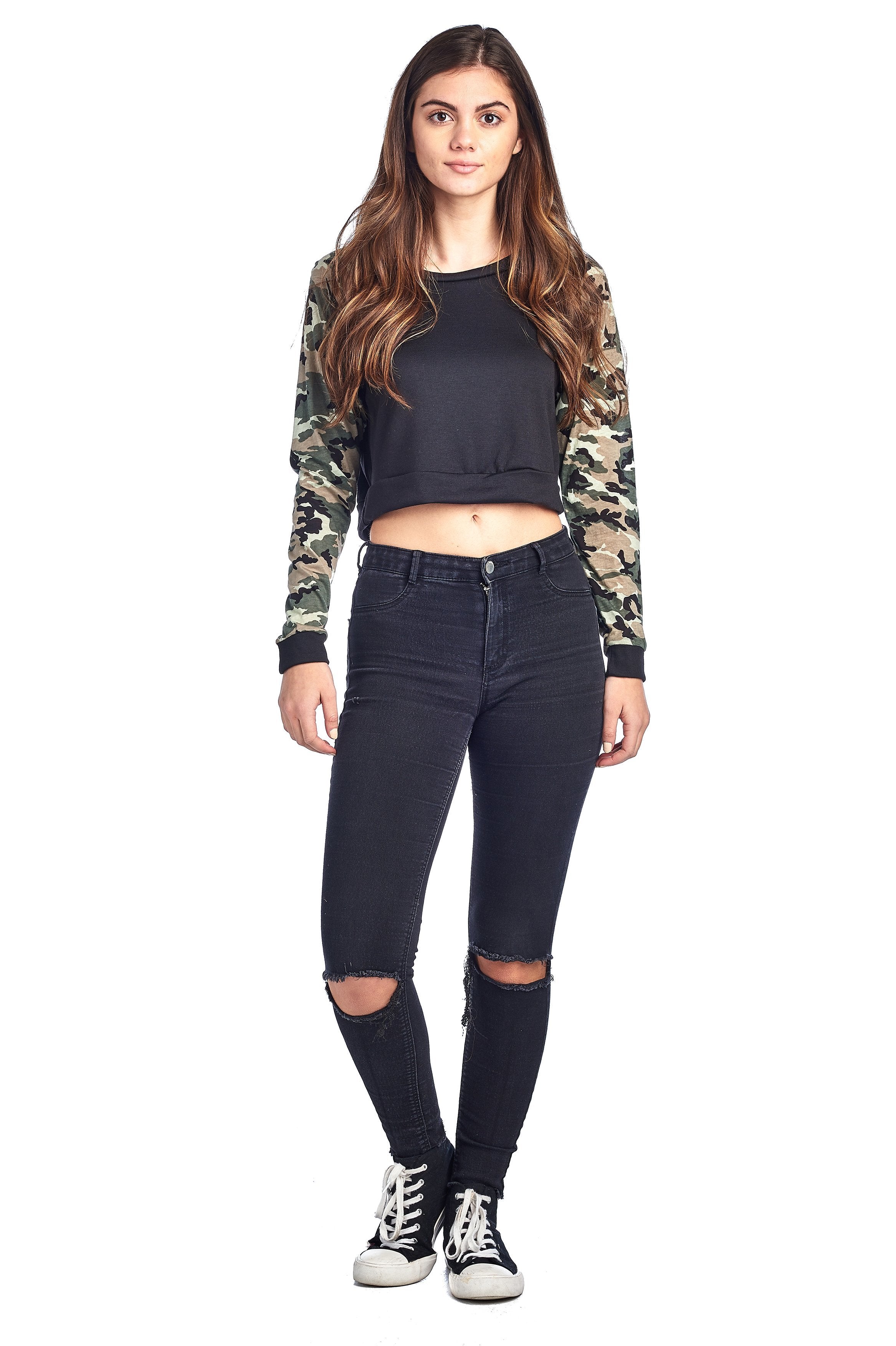Long Sleeve Round Neck Camo Contrast Sleeves Cropped Sweatshirt Top