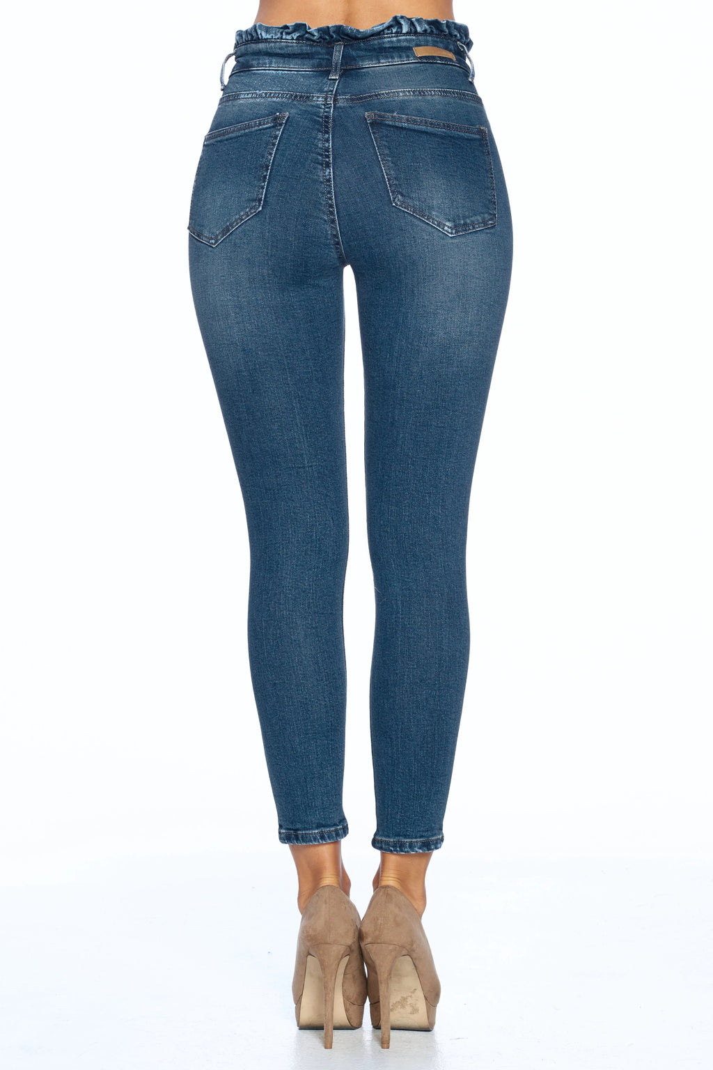 Womens Paper Bag High Waist With Self Tie Belt Denim Skinny Jean Pants