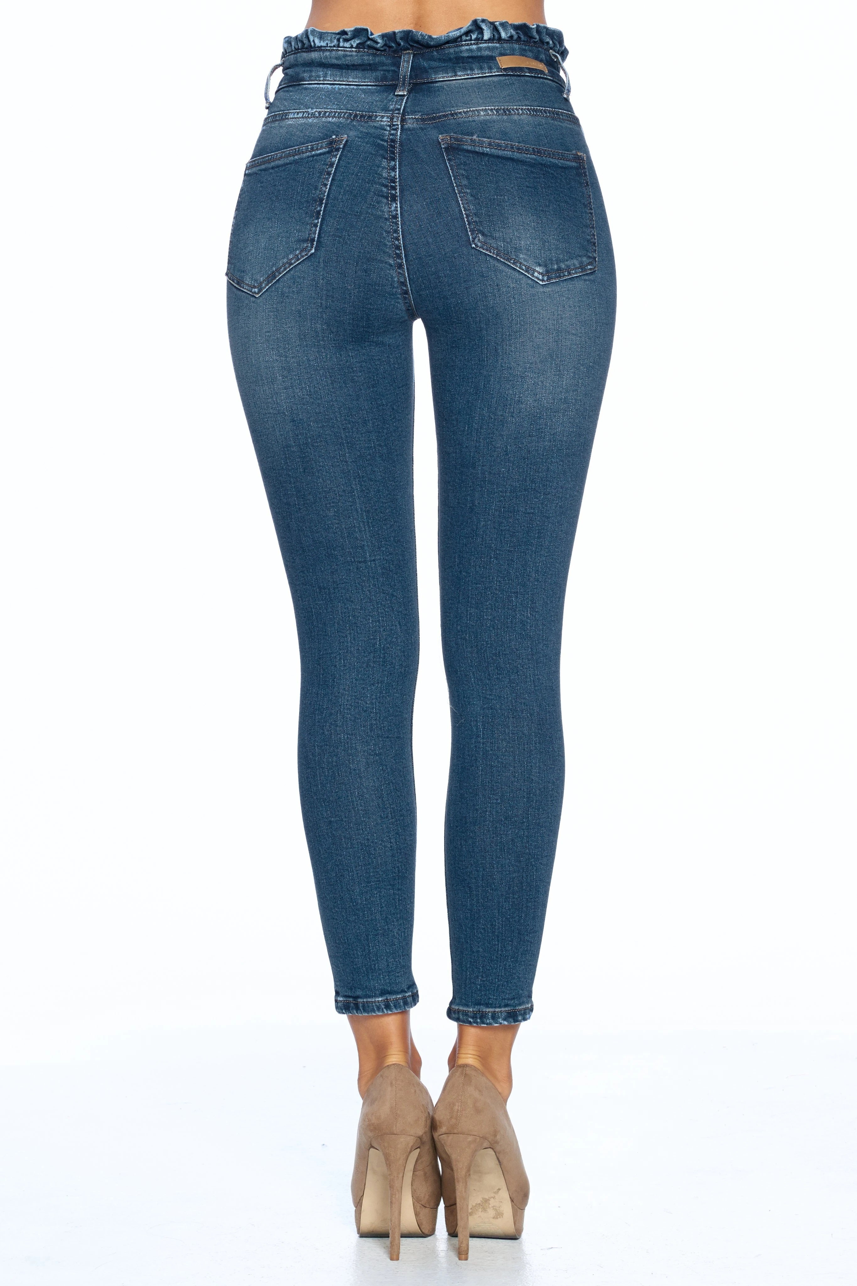 Womens Paper Bag High Waist With Self Tie Belt Denim Skinny Jean Pants