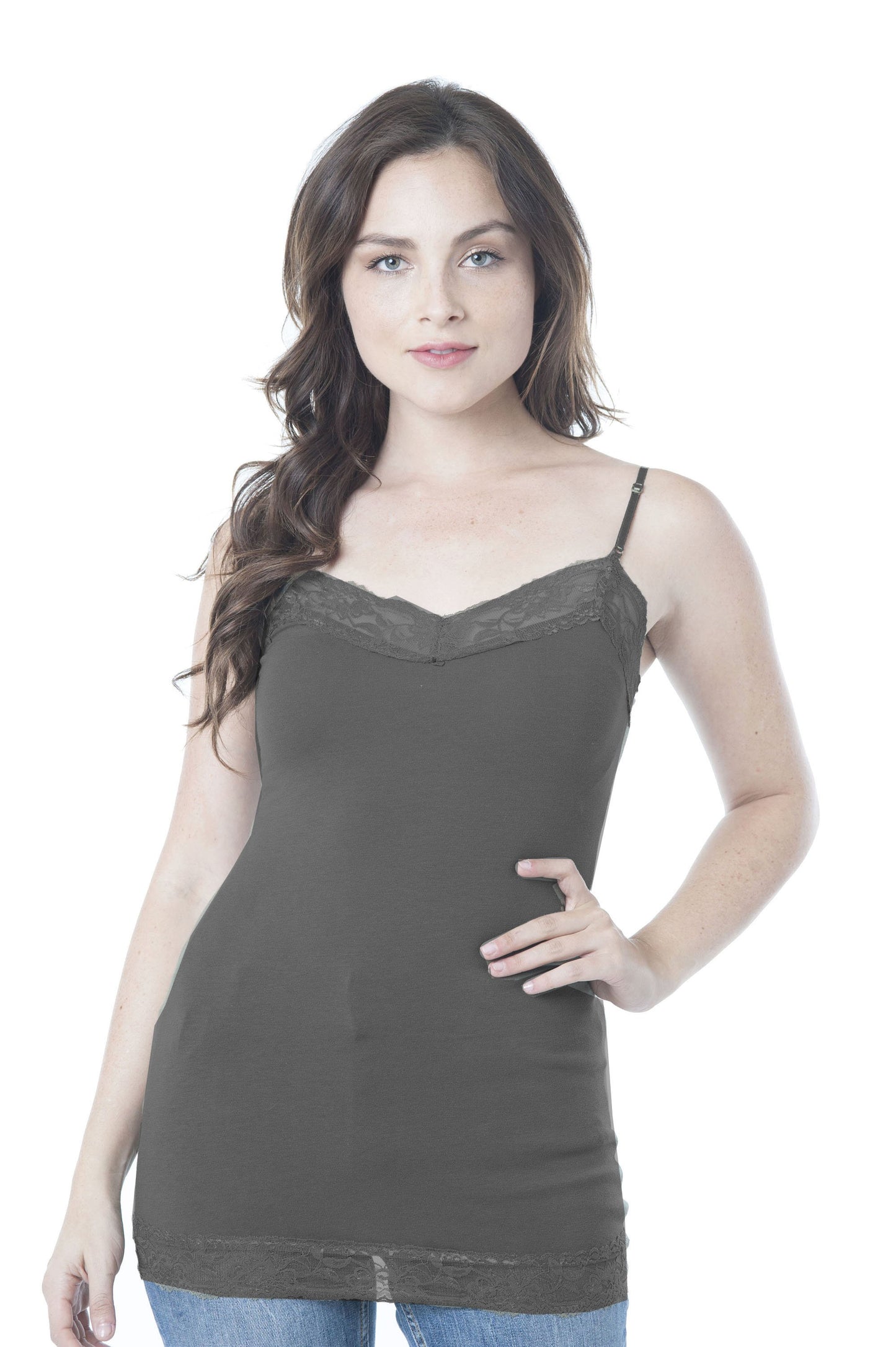 Women's Long Lace Trim Plain Adjustable Spaghetti Strap Cami Top