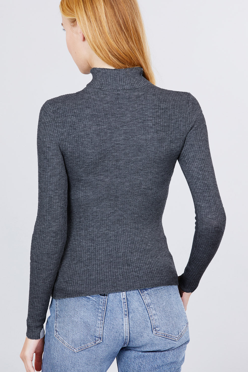 Women's Long Sleeve Turtle Neck Fitted Viscose Ribbed Sweater Cardigan