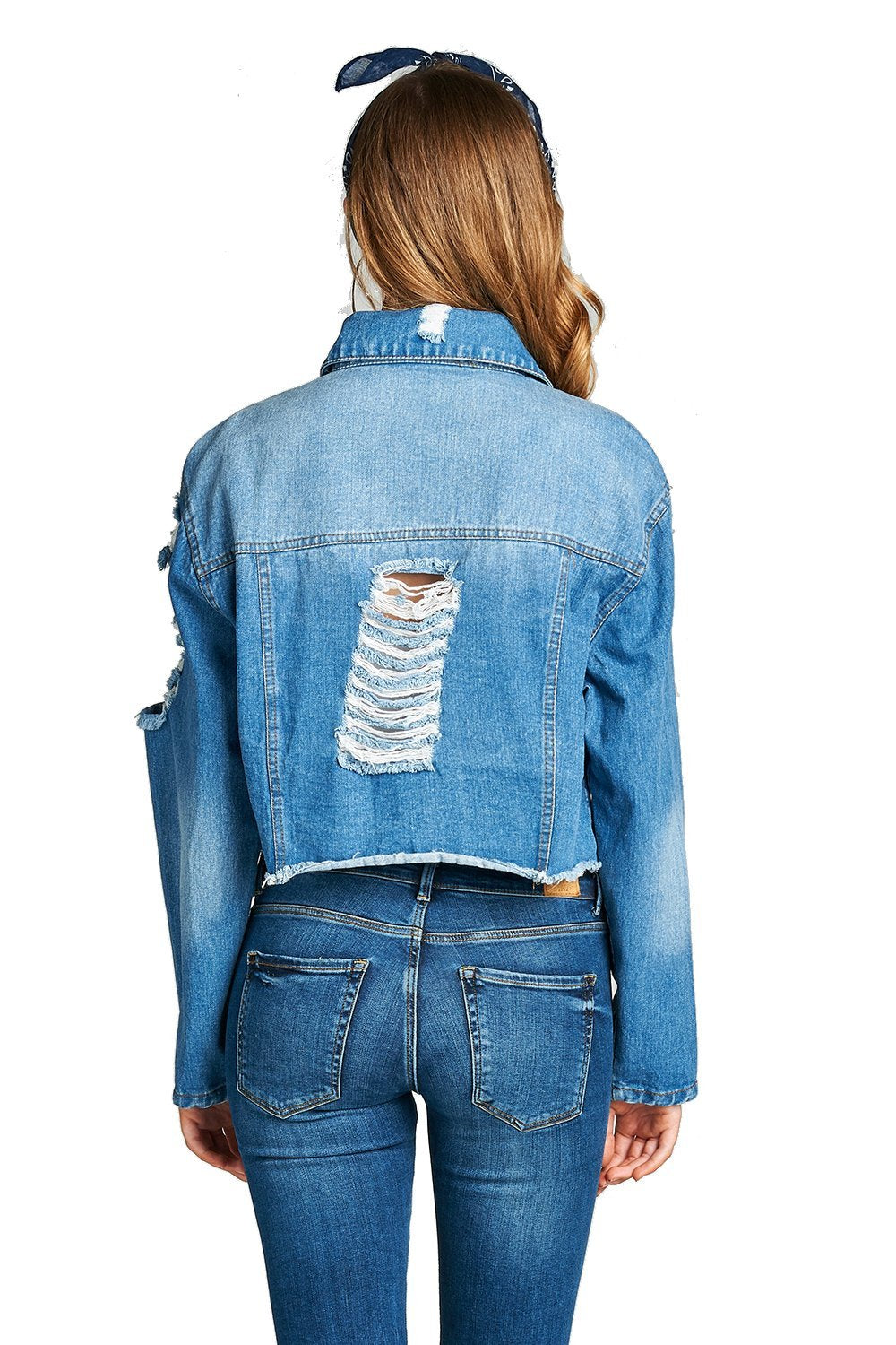 Oversized Cropped Basic Collar Button Front Distressed Ripped Denim Jacket