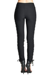 Plain Stretch High Rise Waist Side Lace Up Front Single Button Long Skinny Legging Pants