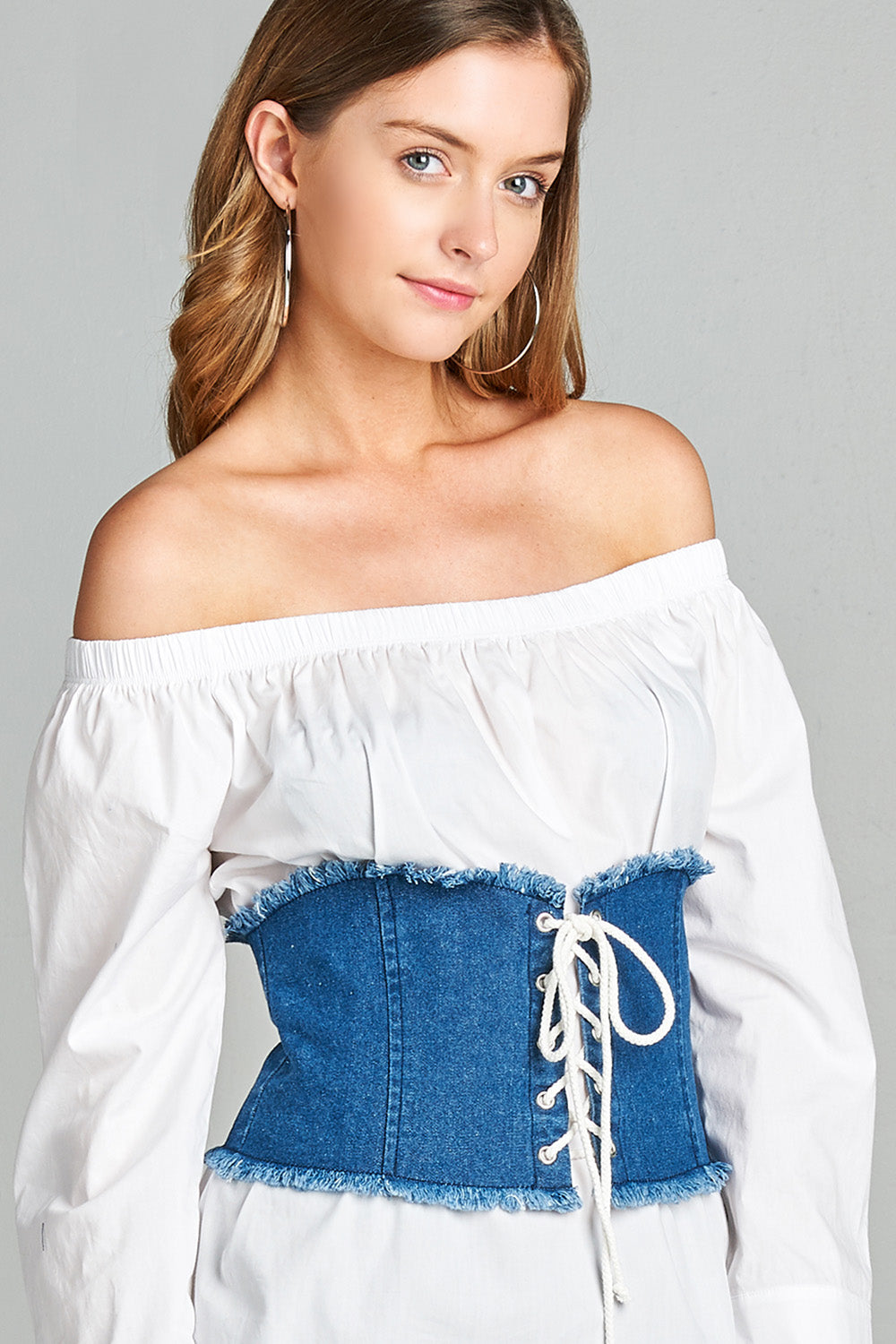 Lace Up Denim Jean Frayed Hem Zip Up Back Corset Belt Medium Blue L