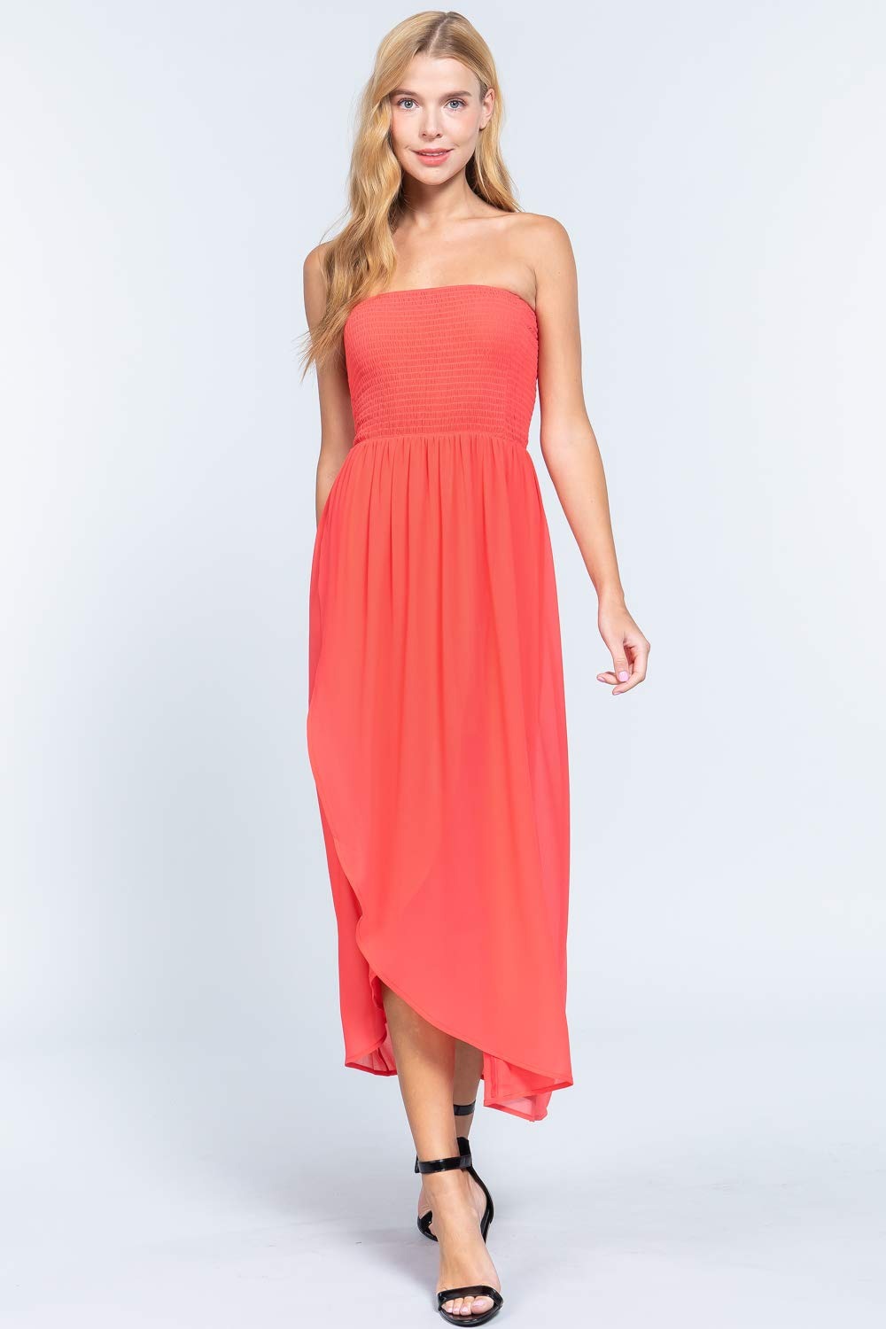 Women's Smocked Tube Wrap Maxi Woven High Low High Low Ankle Length Dress